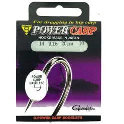 Gamakatsu POWER CARP BARBLESS ONDERLIJNEN 20cm - 6 Opties -Hengels Verkoop Gamakatsu power carp barbless spade end booklet haak 14 16mm min