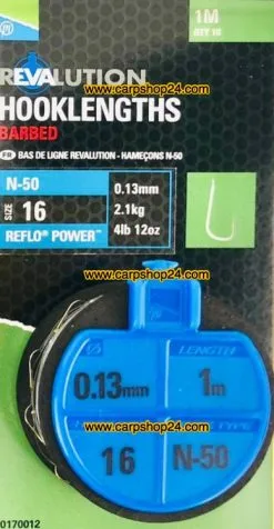 Preston REVALUTION HOOKLENGTHS BARBED 1m N-30 & N-50 - 8 Opties 17 Preston REVALUTION HOOKLENGTHS BARBED 1m N-30 & N-50 - 8 Opties -Hengels Verkoop Preston Revalution Hooklengths 1m Onderlijnen Weerhaak N 50 Haak 16 013mm P0170012 min