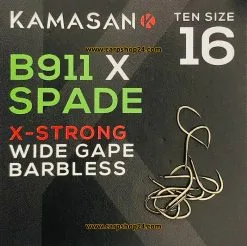 Kamasan B911X SPADE X-STRONG WIDE GAPE BARBLESS - 4 Opties -Hengels Verkoop kamasan b911 X spade x strong wide gape barbless haak size 16 min